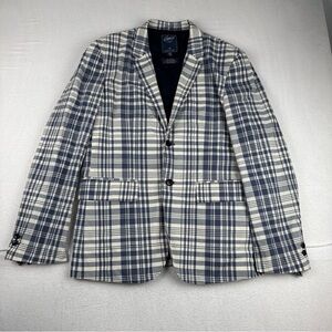 Grayers Mens Blue White Plaid Sport Coat Large Mad Men Cotton Preppy Coastal